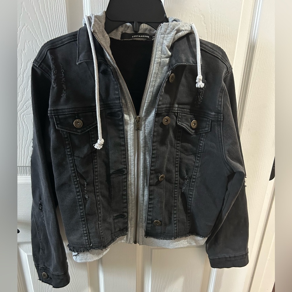 Contraband Black Distressed Denim Jacket w attached gray hoodie medium